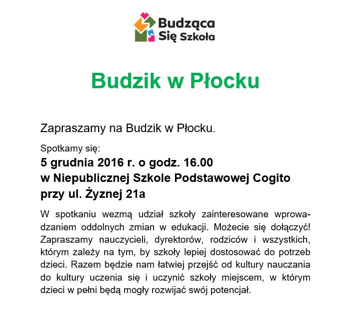 Budzik w Płocku w Niepublicznej Szkole Podstawowej Cogito przy ul Żyznej 21a